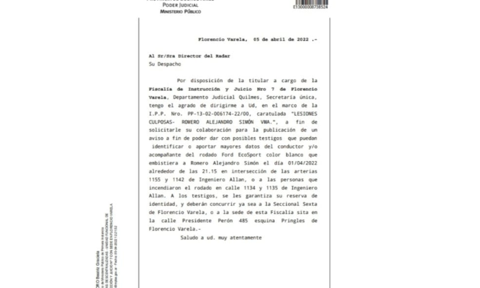 F. Varela: Se solicitan testigos del grave accidente ocurrido el viernes 1 de abril en Ing. Allan